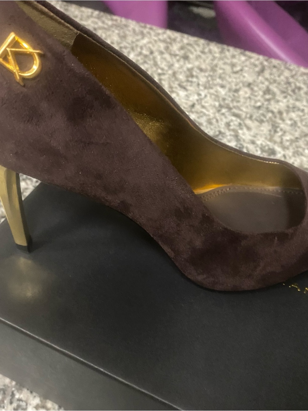Donna Karan Dark Brown Suede Pointed Heel with Gold Accents - Picture 4 of 10